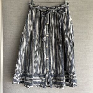 Striped Button-Front A-Line Linen Skirt with Tie Waist